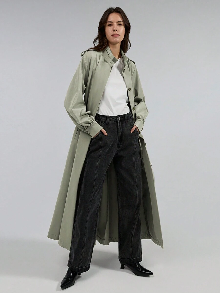 Ontre 2025 New Women Solid Color Front Button Long Sleeve Simple Casual Trench Coat, Commuter Coat, Spring, Retro - Khaki - View 1