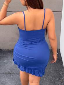 Vestido diario sencillo de unicolor para mujer talla grande, vestido ajustado azul tipo camiseta con volantes en el bajo - Azul - Ver 2