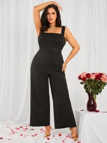 SHEIN SXY Mono negro de tiras anchas, sin espalda y decorado con lazos, para mujer talla grande, apto para uso diario, cita, cumpleaños, despedida de soltera, fiesta, baile de graduación, cita en pareja, elegante, casual, compras, uso diario, al aire libre, coqueto, fácil de combinar y estilizador, resalta tu figura, favorece tu silueta