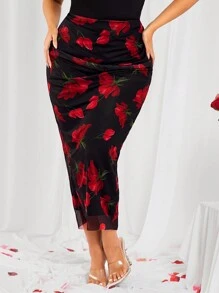 SHEIN SXY Falda de malla de cintura media con estampado floral para mujeres de talla grande, adecuada para uso diario, vacaciones, playa, fiesta, cita, cumpleaños, despedida de soltera, fiesta, baile, cita en pareja, elegante, casual, compras, uso diario, al aire libre, coqueta, fácil de combinar y que estiliza, resalta tu figura, resalta tu Body