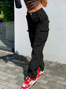 Women Y2K Style Multi-Pocket Loose Straight Leg Denim Cargo Pants - Black - View 4