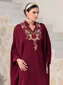 Al Najma Women's Butterfly Embroidery Batwing Sleeve Turkish & Arabic Traditional Long Red Dress