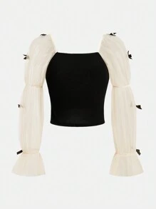 Tween Girl Stylish Colorblocking Mesh Patchwork Square Collar Long Sleeve Top - Black - View 3