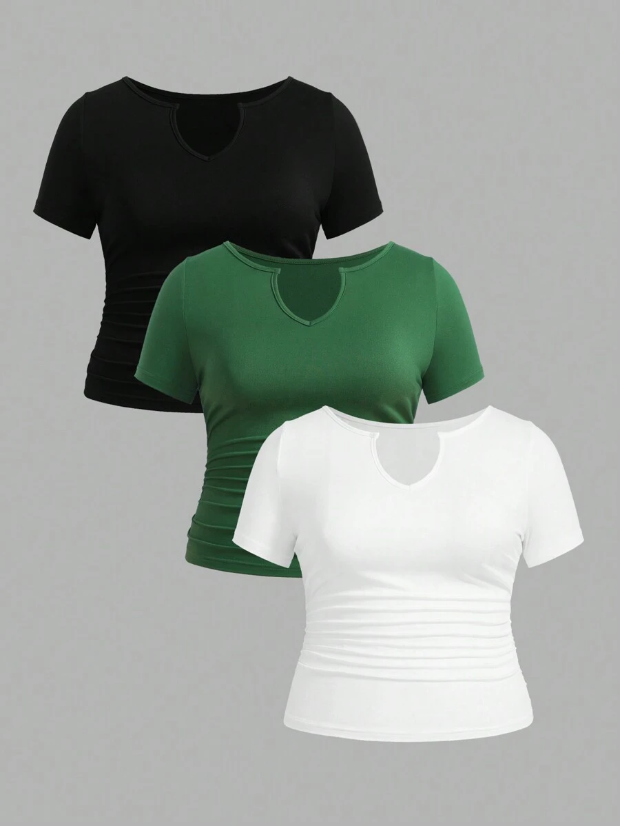 SHEIN EZwear Bộ 3 Áo thun tay ngắn cổ bẻ cỡ lớn màu đen, trắng, xanh lá cây - Nhiều màu - Xem 1