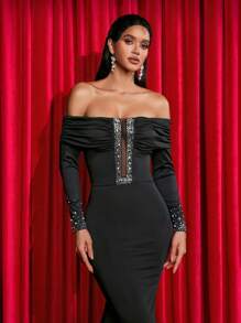 Glamrae 优雅黑色露肩长袖褶皱网眼透视深 V 奢华重工业三维热钻手工串珠鱼尾重工业晚礼服、晚礼服、正式舞会礼服，适合婚礼嘉宾、毕业典礼 - 黑色 - 查看 2