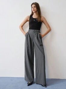 MOTF STUDIO FOLD PLEATED WIDE LEG TAILORED SUIT PANTS,SPRING/SUMMER - Grey - View 5
