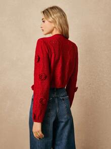 Poéselle 立体花朵钩针开衫 情人节毛衣 情人节毛衣 红色 女上衣 长袖上衣 - 酒紅色 - 查看 6