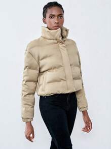 Chiquease Abrigo acolchado de mujer Luminelle con cuello alto y manga larga, ropa de invierno - Caqui - Ver 5