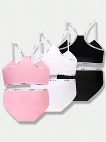 SHEIN Girls Pre-Teen 3-Piece Set: Minimalist LOVE Strap Cross Tank Top, Printed Panty, Solid Color Cotton Underwear Set - Multicolor - View 2
