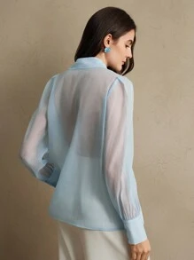 Anewsta Áo thun nữ xuân/hè mới ren chiffon chắp vá hoa thủ công trang trí thường ngày đi làm, lưới - Màu xanh lam - Xem 5
