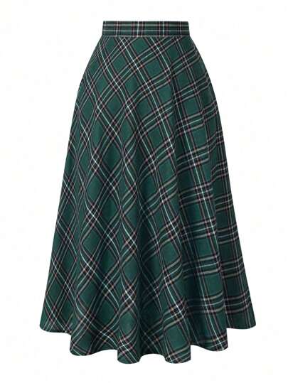 SHEIN CURVE+ Falda a media pierna clásica roja a cuadros versátil y casual que estiliza para mujer