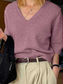 DAZY Jersey de mujer de cuello en V, estilo casual, color liso y neutro, adecuado para ir al trabajo y uso diario, atuendos de maestro - Morado - Ver 4