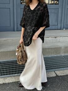 FRIFUL Women's Loose Lace V-Neck Blouse, Minimalist Fashion Casual Daily Wear Sheer