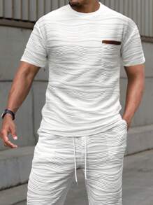 Manfinity Homme 2pcs Men Crew Neck Short Sleeve Pocket Texture Simple T-Shirt & Pants Suit - Navy Blue - View 1