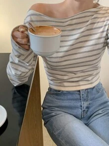 DAZY Women's Open Shoulder Oblique Striped Form-Fitting Long Sleeve T-Shirt, Spring/Autumn,Back To School Clothes,Fall Women Clothes