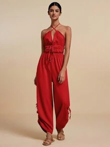 Travachic Mono De Cuello Halter Cruzado Con Nudo Delantero Para Mujeres