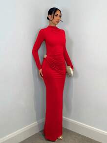 SHEIN BAE 优雅长袖连衣裙，带有金属装饰，适合女性休闲约会、郊游、夜总会派对、感恩节、圣诞节、除夕夜等场合 - 紅色 - 查看 5