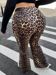 SHEIN EZwear Pantalones de mujer talla grande Y2k, pantalones cargo, pantalones acampanados, pantalones informales con bolsillos de estampado de leopardo y diseño simple, para uso diario, ropa de primavera y verano - Multicolor - Ver 1