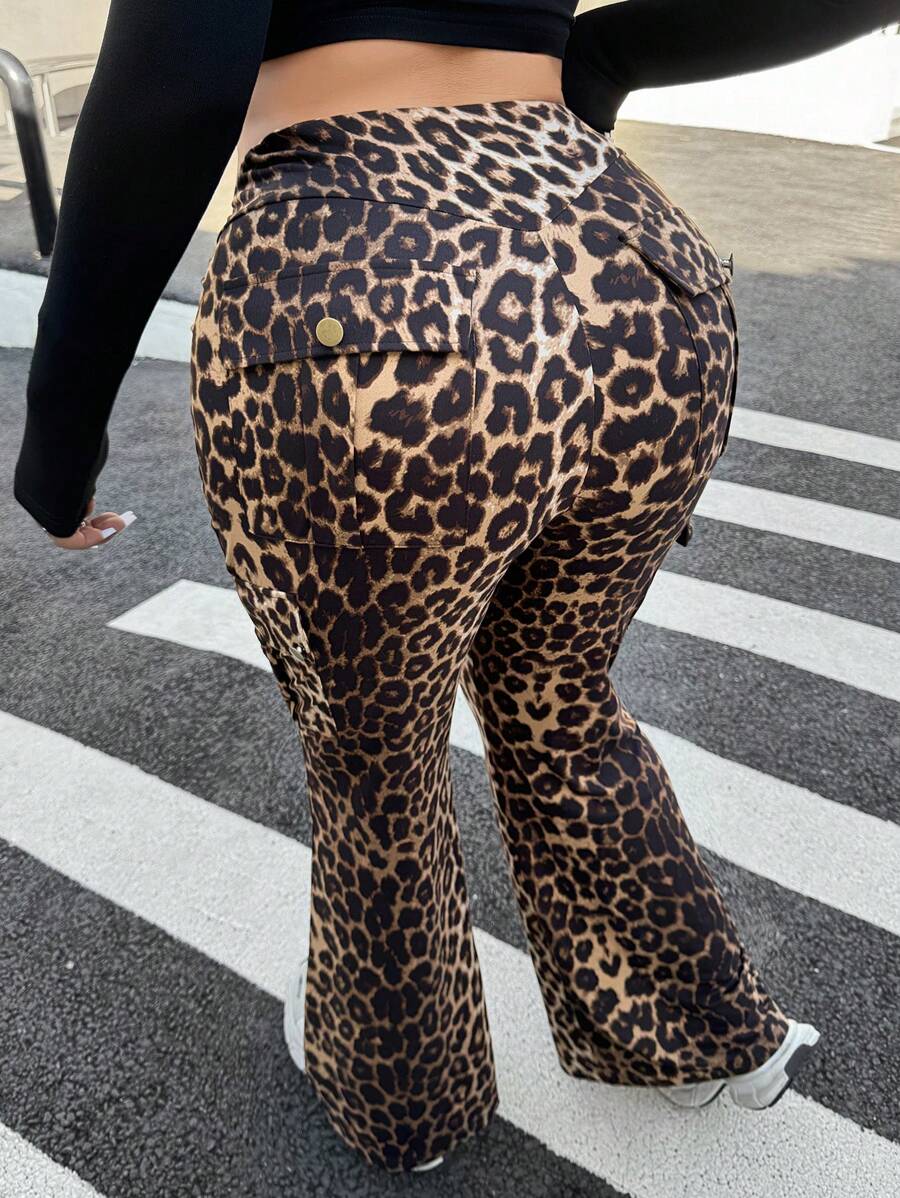 SHEIN EZwear Pantalones de mujer talla grande Y2k, pantalones cargo, pantalones acampanados, pantalones informales con bolsillos de estampado de leopardo y diseño simple, para uso diario, ropa de primavera y verano - Multicolor - Ver 1