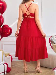 SHEIN Pregnant Women's Plain Color Spaghetti Strap Ruched Casual Dress - Red - View 2