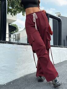 Flirla Plus Size Cargo Style Elastic Waist Baggy Pants, Plus Size