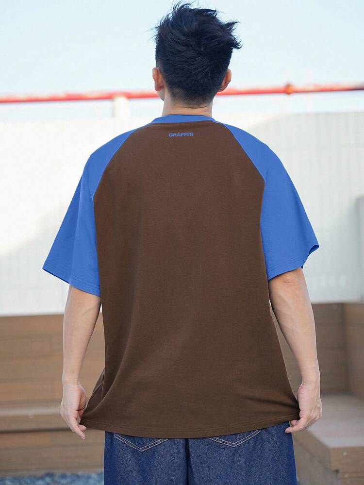 Men's Color Block Letter Embroidered Raglan Sleeve Short Sleeve T-Shirt,Graphic Tees