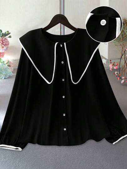 Calvaya Plus Size Women's Black Peter Pan Collar Long Sleeve Blouse Fall Cloth For Women