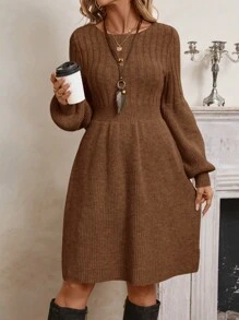 EMERY ROSE Women Solid Color Round Neck Long Sleeve Simple Casual Short Knit Sweater Dress - Brown - View 3