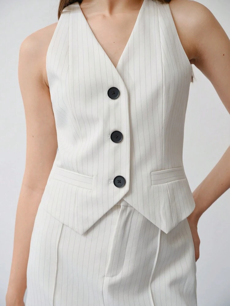 MOTF STUDIO STRIPED BUTTON UP WAISTCOAT & SKIRT,SPRING/SUMMER