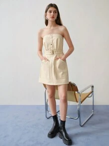 MOTF STUDIO VÁY MINI ỐNG THẮT LƯNG DA PU - Màu be - Xem 6