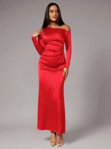 Silquee Robe longue en satin bordeaux à épaules dénudées pour femme, manches longues, pour l'automne et l'hiver.Robe longue femme, pour l'automne et l'hiver, robe de soirée, de mariage, de demoiselle d'honneur, de sortie, d'Halloween, de Noël et de vacances. Robe longue avec décolleté bas et drapé. - Rouge - Voir 3