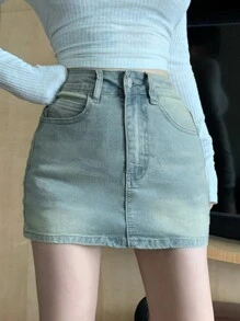 DAZY 女式休闲水洗蝴蝶印花牛仔迷你裙牛仔裙 - 淺色水洗藍 - 查看 6