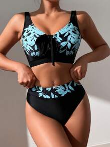 Ladies' Printed Tie-Up Splicing Bikini Set, Fashionable Mature, Summer - Multicolor - View 3