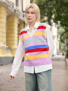 Skyraze Cardigan tricoté arc-en-ciel surdimensionné pour femmes, motif géométrique