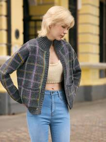 Skyraze Women's Plaid Cardigan With Pockets, Long Sleeve Casual Top For Daily Wear,Geometric Pattern - Dark Grey - View 6