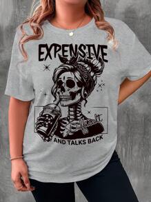 INAWLY 万圣节加大码女式骷髅印花圆领短袖 T 恤，夏季女式图案 T 恤上衣 - 灰色 - 查看 1