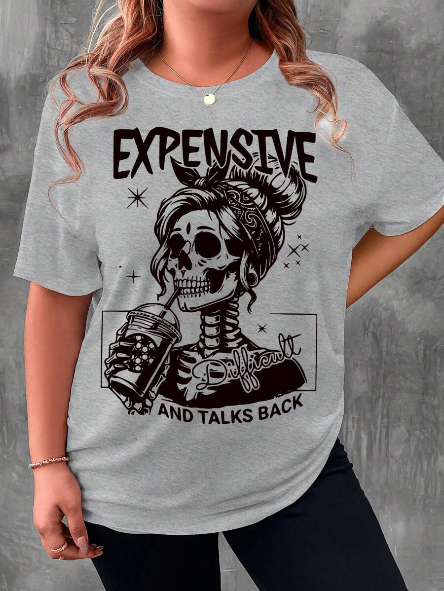 INAWLY 万圣节加大码女式骷髅印花圆领短袖 T 恤，夏季女式图案 T 恤上衣 - 灰色 - 查看 1