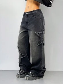 Coolane Women's Y2K Streetwear Denim Star Pattern Dirty Washed Low Rise Pants