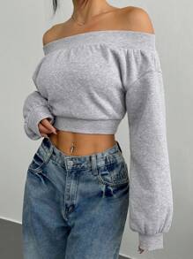 Muchica Women's Off Shoulder Long Sleeve Minimalist Cropped Top, Casual Daily Wear - Light Grey - View 4