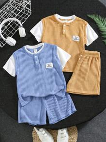 4 Stücke/Set Kleine Jungen Kostengünstig Bequem Lässig Niedlich Vielseitig Waffelpull 2 in 1 Kurzarm T-Shirt und Shorts Set, geeignet für Frühling/Sommer, für den täglichen Gebrauch, Sport, Ausflüge, Schule, Party, Urlaub, Fotoshootings - Verschiedenfarbig - Übersicht 3