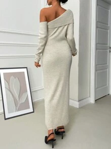 EURMUSE Woman One Shoulder Maxi Length Elegant Sweater Dress - Beige - View 3