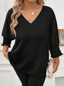 Plus Size Solid V-Neck Pullover Top, Casual Everyday Wear - Black - View 4