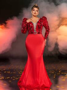 Glamrae Plus Size Formal Evening Gown With Sequin Patchwork, Chain Decor & Puff Sleeves, Wedding Guest Dress - Red - View 5