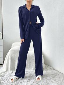EURMUSE 100%Cotton Shirt Style Buttoned Striped Dark Blue 2-Piece Pajama Set - Navy Blue - View 5