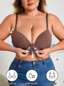 1pc Plus Size Women Wire-Rimmed Push-Up Fastening Lingerie Bra, Simple Solid Color - Coffee Brown - View 1