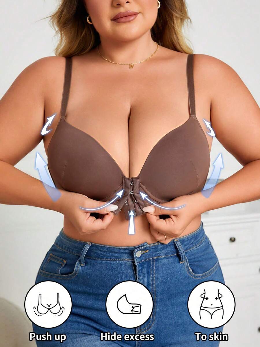 1pc Plus Size Women Wire-Rimmed Push-Up Fastening Lingerie Bra, Simple Solid Color - Coffee Brown - View 1
