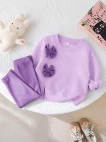 SHEIN 2pcs Baby Girl Cute Pink Bow Sweatshirt And Elastic Waist Pants Set, Autumn/Winter - Multicolor - View 6