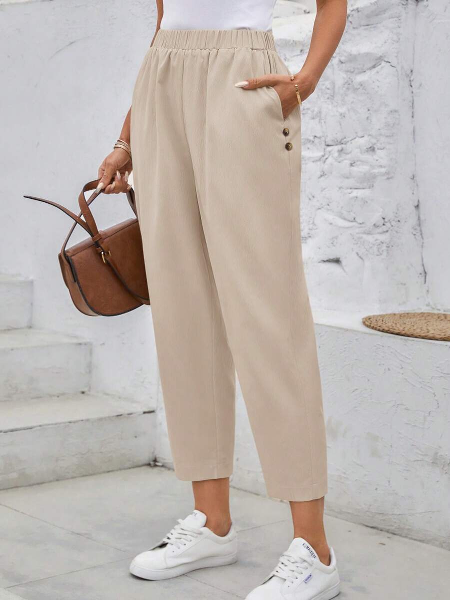 EMERY ROSE Women's Elastic Waist Pocketed Casual Pants Summer Pants - Apricot - View 1