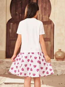 SHEIN 2 件套 青少年女孩休闲简约舒适卡通女孩花卉图案圆领 T 恤和裙子套装 - 黃色 - 查看 3