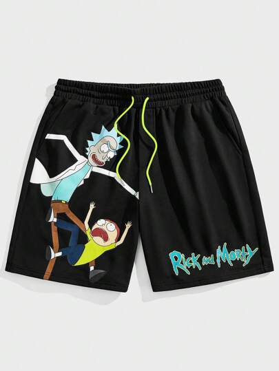 Rick and Morty X SHEIN Plus Size Men Casual Cartoon Print Drawstring Waist Shorts, Summer